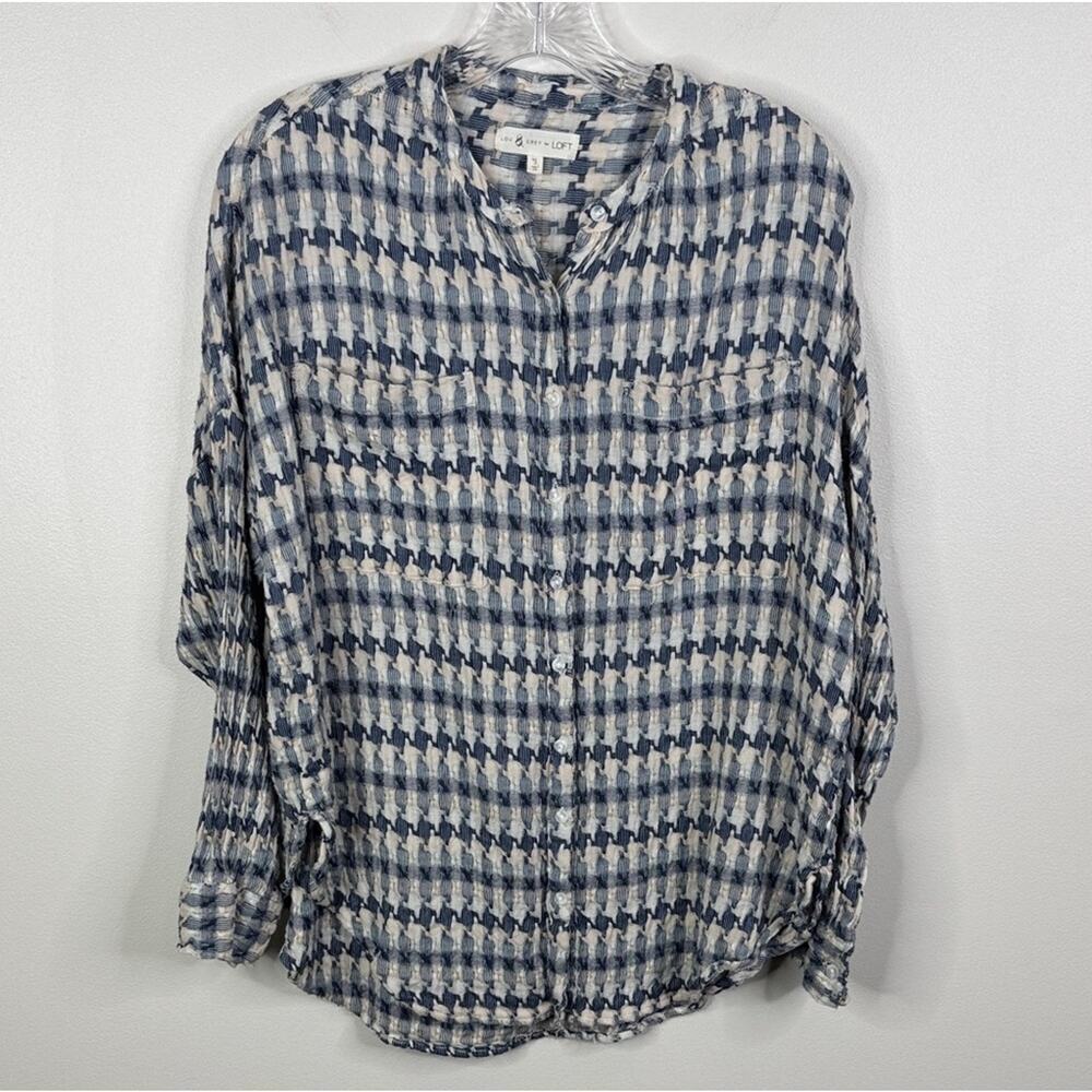 Lou & Grey Navy Blue & Cream Checkered Button Down Knit Shirt Women’s Small S